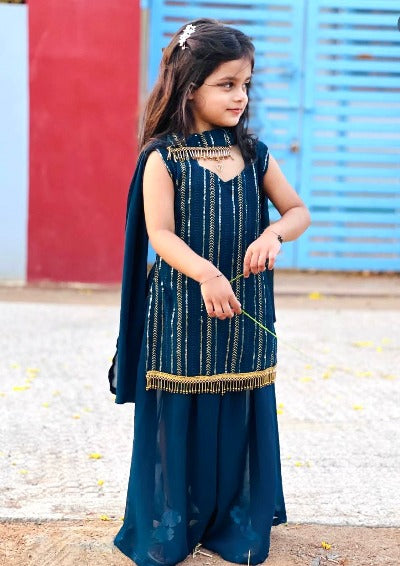 Teal Blue Georgette Embroidered Kids Sharara Suit Set