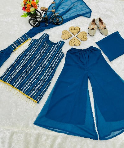 Teal Blue Georgette Embroidered Kids Sharara Suit Set