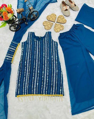 Teal Blue Georgette Embroidered Kids Sharara Suit Set