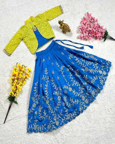 Kids Taffeta Silk Blue Lehenga Choli Koti Set