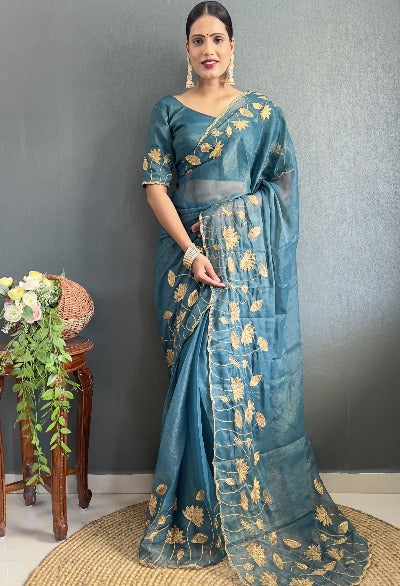 1 Min Premium Silk Zari Work Stitched Readymade Saree