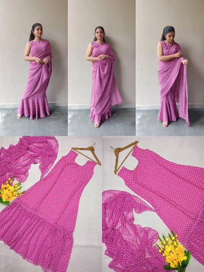 Pink Polka Dot Saree Gown with Blouse Stitched Readymade Saree