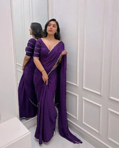 Purple Prepleated Sari with Stitched Readymade Blouse