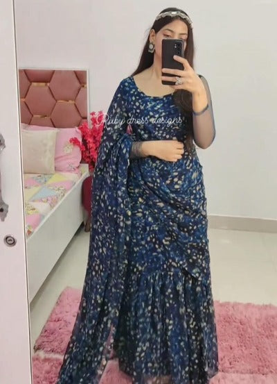 Blue Floral Saree Gown with Blouse Stitched Readymade Saree 