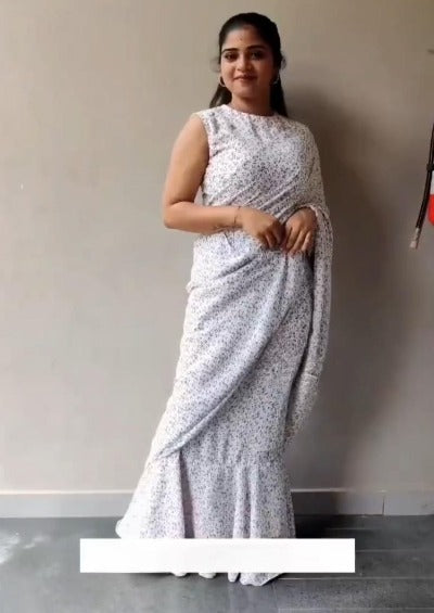 White Floral Saree Gown with Blouse Stitched Readymade Saree