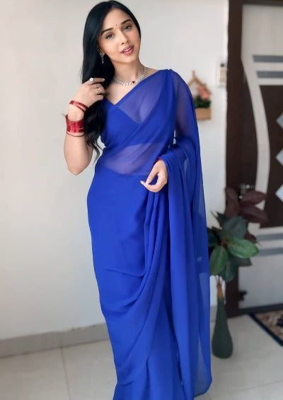1 Min Royal Blue Soft Georgette Stitched Readymade Saree 