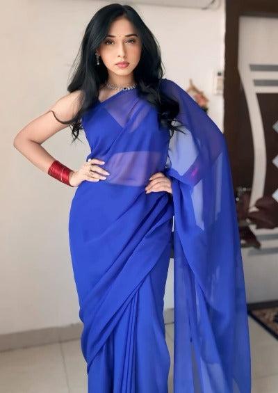 1 Min Royal Blue Soft Georgette Stitched Readymade Saree 