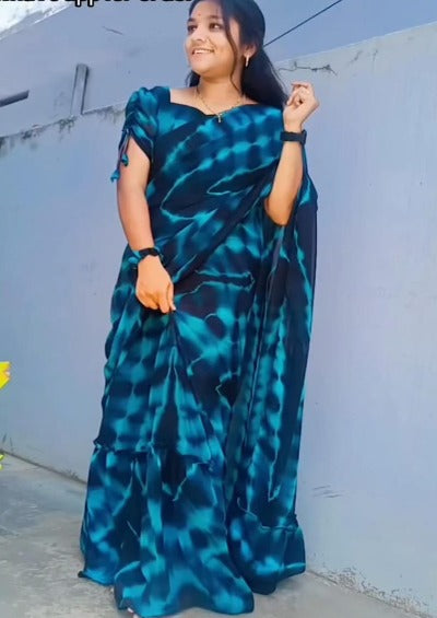 Blue Stitched Readymade Gown Saree With Attached Dupatta