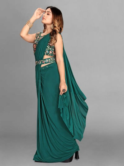 1 Min Green Ruffles Pleated Stitched Readymade Saree & Blouse