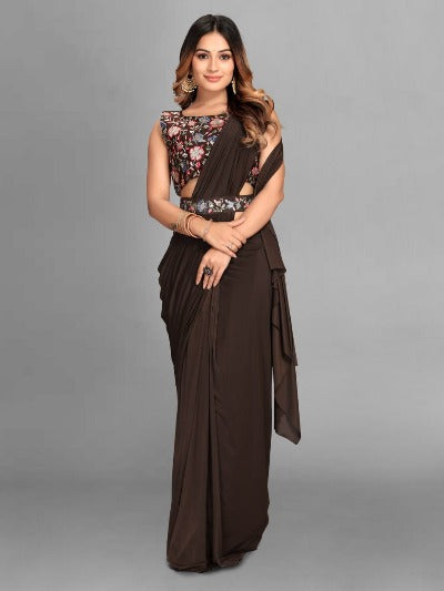 1 Min Brown Ruffles Pleated Stitched Readymade Saree & Blouse