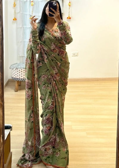 1 Min Meraki Green Floral Print Stitched Readymade Saree