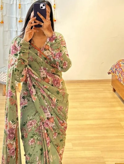 1 Min Meraki Green Floral Print Stitched Readymade Saree