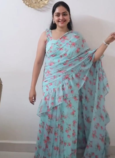 Blue Floral Ruffle Stitched Readymade Gown Saree
