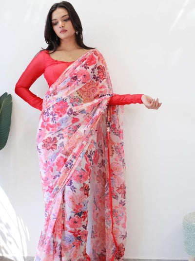 1 Min Coral Georgette Floral Print Stitched Readymade Saree