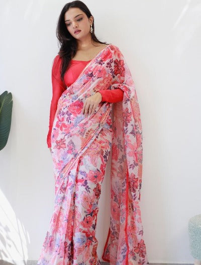 1 Min Coral Georgette Floral Print Stitched Readymade Saree