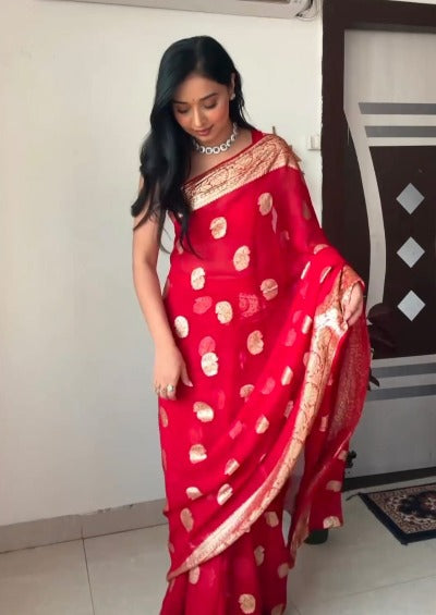1 Min Red Self Weaving Stitched Readymade Saree