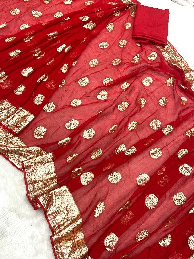 1 Min Red Self Weaving Stitched Readymade Saree