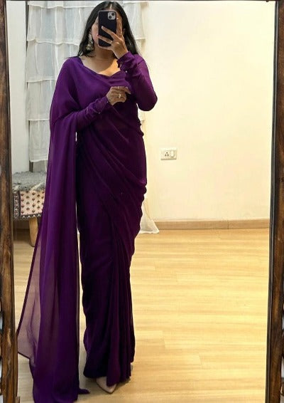 1 Min Plain Purple Soft Georgette Stitched Readymade Saree