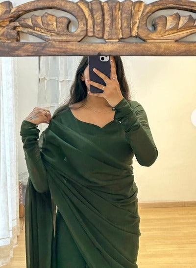 1 Min Plain Green Soft Georgette Stitched Readymade Saree