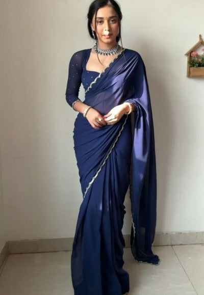 1 Min Navy Blue Georgette Readymade Saree & Stitched Blouse