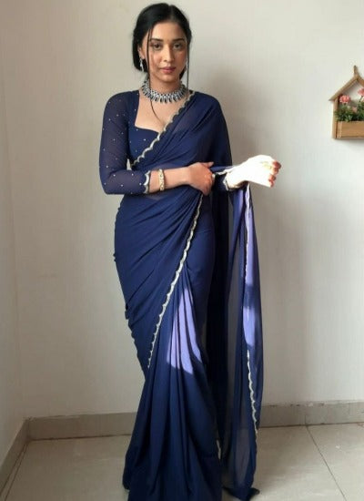 1 Min Navy Blue Georgette Readymade Saree & Stitched Blouse