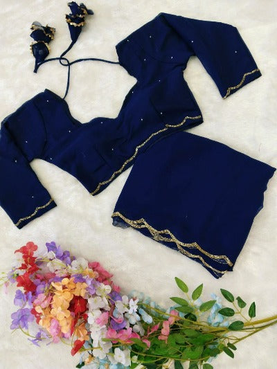 1 Min Navy Blue Georgette Readymade Saree & Stitched Blouse