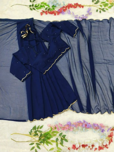 1 Min Navy Blue Georgette Readymade Saree & Stitched Blouse