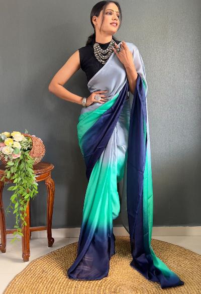 1 Min Georgette Satin 3 Tone Stitched Readymade Saree