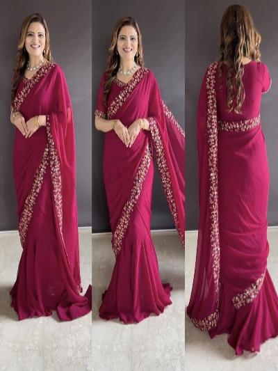 Superhit Pink Saree Gown Georgette Stitched Readymade