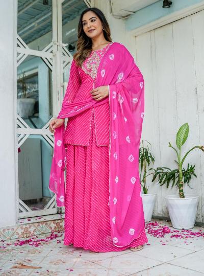 Pink Bandhej Kurti Skirt Dupatta Set Of 3