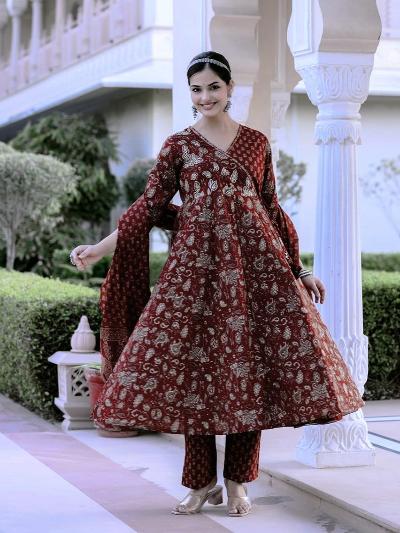 Brick Angharakha Style Saganeri Print Anarkali Suit Set