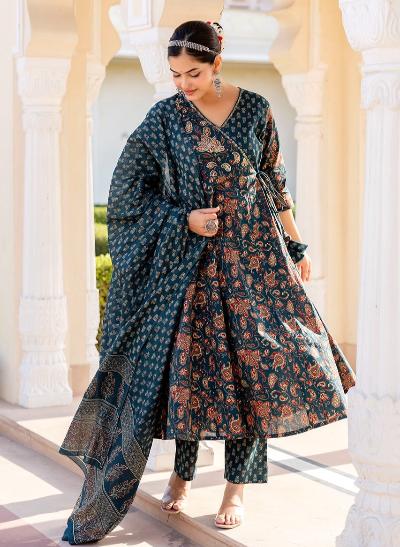 Blue Angharakha Style Saganeri Print Anarkali Suit Set