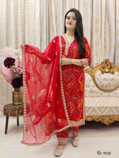 Red Bandhani Print Salwar Suit With Organza Dupatta