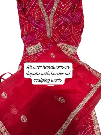 Red Bandhani Print Salwar Suit With Organza Dupatta