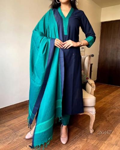 Navy Blue & Green South Handloom Cotton Salwar Suit Set