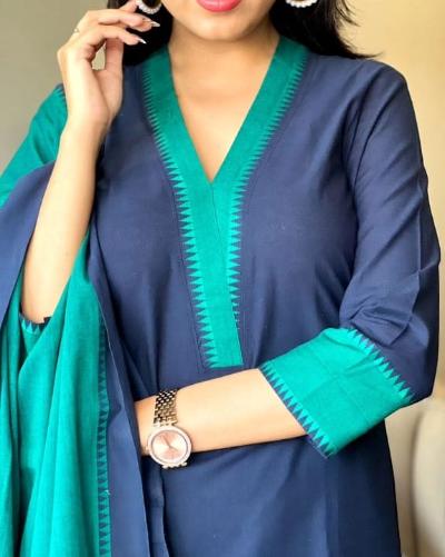 Navy Blue & Green South Handloom Cotton Salwar Suit Set