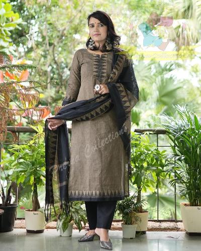 Beige & Black South Handloom Cotton Salwar Suit Set