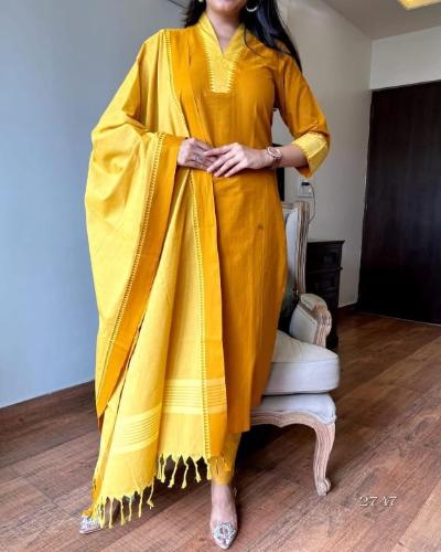 Mustard Yellow  South Handloom Cotton Salwar Suit Set