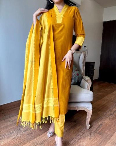 Mustard Yellow  South Handloom Cotton Salwar Suit Set