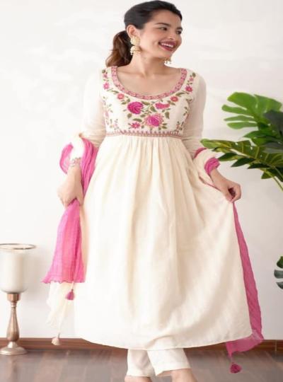 White & Pink Jaipuri Ethnic Anarkali Suit Set