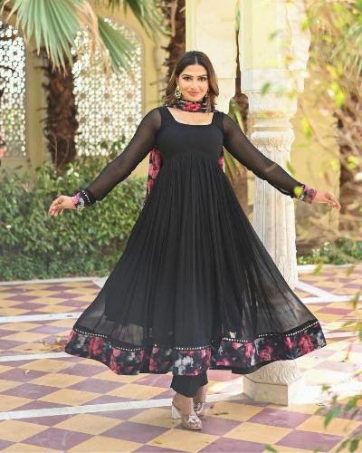 Black Georgette Anarkali Gown With Printed Dupatta Set Of 2