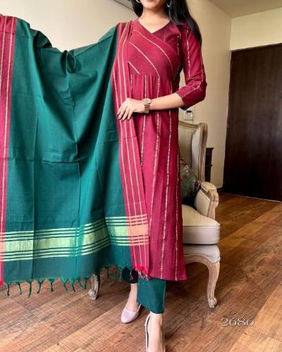 Maroon Green Handloom Cotton Salwar Suit Set