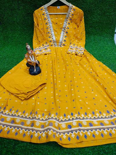 Mustard Yellow Festive Anarkali Kurti Pant Set of 2