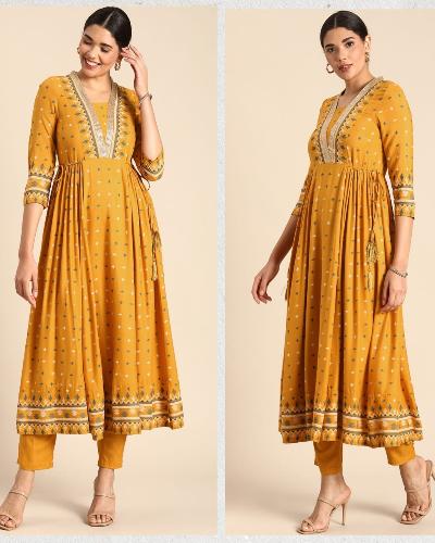 Mustard Yellow Festive Anarkali Kurti Pant Set of 2