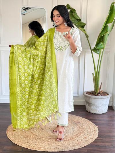 Creamy Off-White Salwar Suit With Green Silk Dupatta