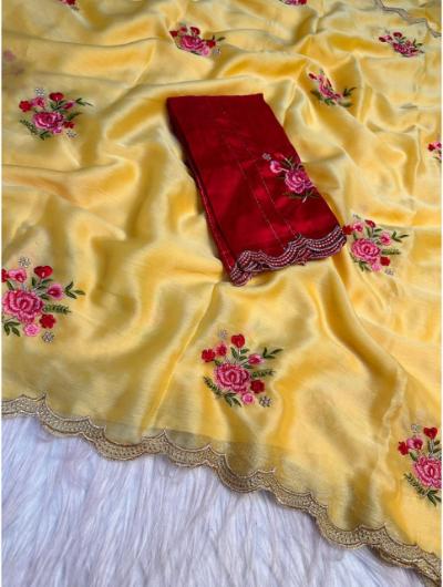 Yellow Chiffon Silk Saree with Embroidery Work