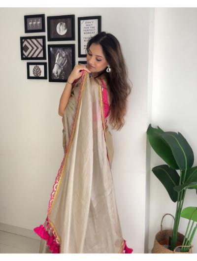 Pink and Beige Tissue Silk Saree with Lace Border