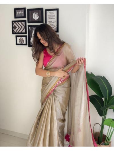 Pink and Beige Tissue Silk Saree with Lace Border
