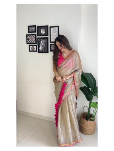 Pink and Beige Tissue Silk Saree with Lace Border