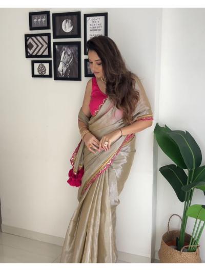 Pink and Beige Tissue Silk Saree with Lace Border